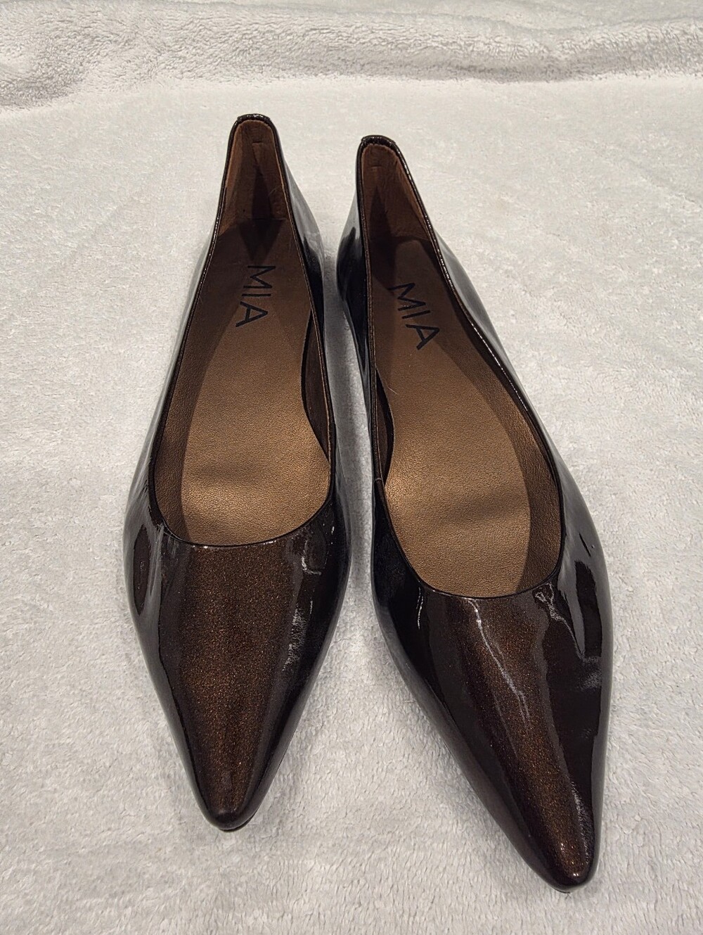 MIA Women's Pointed-Toe Patent Leather Flats in Dark Brown